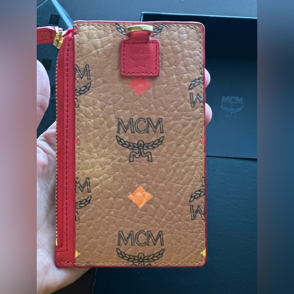 LIKE NEW MCM Red and Tan Allover Logo Printed Zipped Card Holder. - Picture 3 of 7